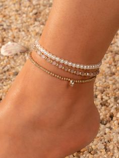 Anklet Bracelet Aesthetic, Cute Anklet Ideas, Anklets Beaded, Cute Anklets Diy, Cute Beaded Anklets, Cute Anklets Aesthetic, Silver Beaded Jewelry, Summer Jewelry Ideas, Aesthetic Anklets