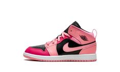 The Jordan 1 Mid PS “Coral Chalk” is the preschool version of the popular retro basketball shoe in a multicolor look that features various shades of pink on its design.  A fun colorway for children, the “Coral Chalk” has a base of black leather on the perforated toe and mid-panel.  The forefoot, collar, heel, and Swoosh are designed in Coral Chalk-colored leather and contrast the neutral appearance of the shoe’s base.  Rose Pink leather is found on the toe cap and middle eyelet panel, and on the Air Jordan 1 Mid Gs, Kids Jordan, Retro Basketball Shoes, Retro Basketball, Nylons Heels, Wings Logo, Black Wings, Stadium Goods, Kids Jordans