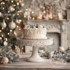 a white cake sitting on top of a table next to a christmas tree