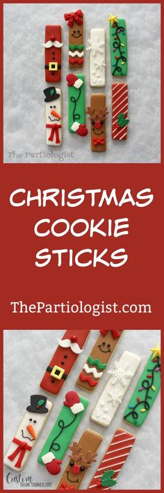 christmas cookie sticks are arranged in the shape of santas and snowmen, with text overlay