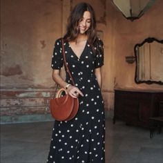 Beautiful Timeless Silk Button Front Dress By Sezane. Size 2, Worn But In Great Condition. Black With Cream(Ish) Polka Dots. I Wore It On My French Vacation And It Was So Perfect. French Vacation, Fashion Things, Button Front Dress, Black Cream, 2 Colours, Porter, Polka Dots, Size 2, Dots