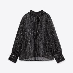 Semi-Sheer Blouse With High Collar And Long Sleeves. Back V-Neckline With Tie. Sequin Appliqus. This Item Is Unlined. Black, Gold