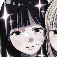 two girls with long hair and stars on their foreheads are looking at the camera