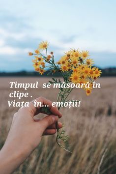 a person holding flowers in their hand with the words timpu se mensora in clipe vitata n emotu