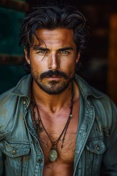 a close up of a shirtless man with long hair and beard wearing a necklace