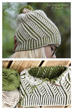 two pictures showing the same hat and mitt, one with green yarn on it