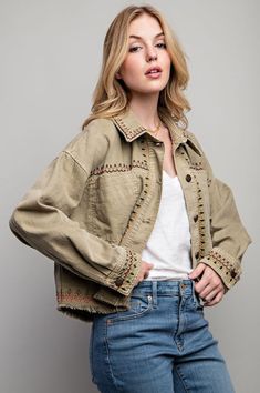 Elevate your style with our women's oversized embroidered cotton jacket. features 100% cotton, long sleeves, and elegant embroidery. perfect for layering. Embellishment Embroidery, Contrast Embroidery, Fall Capsule Wardrobe, Sheer Fabric, Twill Fabric, Cotton Jacket, Cotton Twill Fabric, Embroidery Details, Bottom Clothes