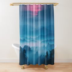 Transform your bathroom with a shower curtain featuring stunning mountain views and a serene mountain aesthetic. Inspired by mountain photography and mountain art, it showcases an illustration of mountains under a blue sky. Perfect for mountain hiking enthusiasts and those who love night sky art with night sky stars and watercolor vibes. This piece adds beautiful mountain scenery to your space. Aesthetic Shower Curtain, Aesthetic Shower