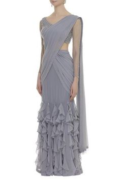 Shop for Arpan Vohra Grey Georgette Pre-draped Lehenga Saree With Blouse for Women Online at Aza Fashions Fitted Draped Lehenga With Ruffles, Drape Lehenga, Ruffle Lehenga, Embellished Blouse, Lehenga Saree, Blouse Online, Aza Fashion, Lehenga, Blouses For Women