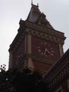 a large clock tower on top of a building with trees in the foreground and cloudy sky behind it