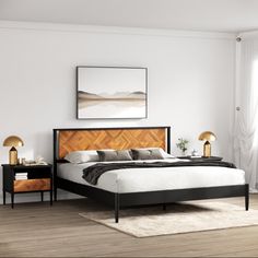 a bed room with a neatly made bed and two nightstands on either side of the bed