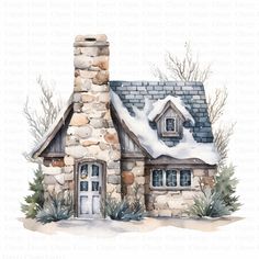 a watercolor painting of a stone house with snow on the roof and chimneys