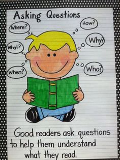 a poster with an image of a boy reading a book and asking questions on it