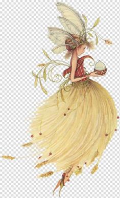 a fairy flying through the air with her wings spread out and holding a basket in her hand