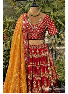 Bridal ruby red hand embroidered Indian wedding lehenga with jal embellished blouse paired with mustard organza and a net dupatta by LabelSnigdhaKapoor on Etsy Yellow Red Bridal Lehenga, Bridal Anklet, Bridal Lengha, Bridal Lehenga Red, Organza Dupatta