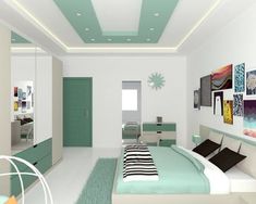 a bedroom with green and white decor on the walls, carpeted flooring and furniture