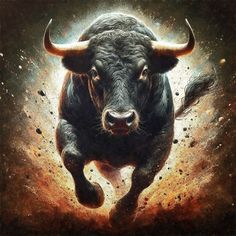 a painting of a bull running through the air with it's horns spread out