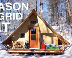 a small cabin in the snow with text overlay reading 4 season off grid tent