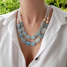 Raw aquamarine, moonstone and baroque pearl layered necklace. Statement natural gemstone beaded necklace for women. Large light blue and white handmade necklace with gemstone. Bohemian bright necklace in gold color are suitable for an casual look, evening look and for a holiday. These necklace will be a good Christmas, anniversary, wedding or birthday gift for women, mom, wife, girlfriend, sister or daughter. Women's necklace with natural stone. It emphasizes the beauty of your neck and adds cha Pearl Bib Necklace, Bright Necklace, Birthday Women, Gemstone Beaded Necklace, Jewelry Birthday, Aquamarine Gemstone, Bib Necklace, Multi Strand Necklace, Beaded Jewelry Diy