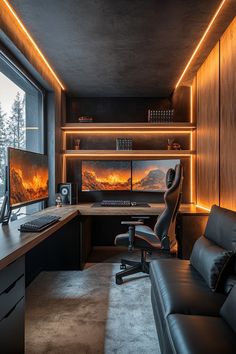 a modern home office with black leather couches and large windows overlooking the mountain range