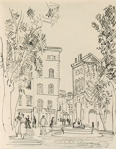 an ink drawing of people walking down the street in front of some buildings and trees