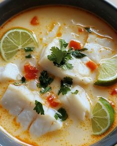 some fish and limes are in a white broth with orange, green and red garnishes