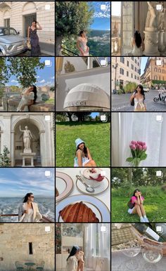 the collage shows many different images of women in white dresses, and one woman is sitting