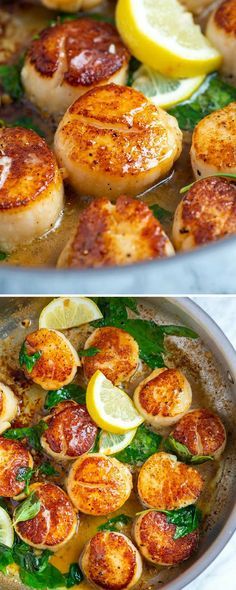 two pictures showing the process of cooking scallops and lemons