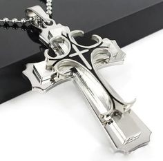 Fashion Cross Necklace For Men with Stainless Steel Pendant Silver Stunning stainless steel cross necklace with silver and black 3-D look. Pendant measures 2"T x 1-1/4"W Christian Cross Necklace, Cross Jewelry Necklace, Mens Necklace Pendant, Stainless Steel Cross Pendant, Cross Necklaces, Steel Cross, Mens Chain Necklace, Silver Box, Mens Pendant