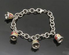 "925 Sterling Silver - Vintage Enamel Floral Bell Charms Chain Bracelet - BT8380  925 Sterling Silver - Vintage Enamel Floral Bell Charms Chain Bracelet - BT8380  Jewelry Type:         Bracelet  Metal Type:            925 Silver   Metal Size:             7.5\" Length  .75\" Height   Stone Type:            N/A  Condition:              N/A  Jewelry Weight:     18 Grams  PLEASE NOTE: THIS ITEM IS PRE-OWNED. ALTHOUGH MOST ITEMS ARE IN VERY GOOD CONDITION, SOME MAY NEED CLEANING AND/OR MINOR REPAIRS. WE MAKE A VERY STRONG EFFORT TO UPLOAD CLEAR PICTURES. PLEASE INSPECT ALL PICTURES AND ASK ALL QUESTIONS YOU MAY HAVE PRIOR TO MAKING A PURCHASE. NOT ALL STONES ARE GENUINE, SOME ARE ENHANCED OR CREATED." Bell Bracelet, Vintage Charm Bracelet, Bracelet Metal, Jewelry Inspo, Metal Bracelets, Vintage Charms, Sterling Silber, Chain Bracelet, Types Of Metal