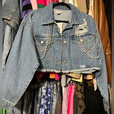 Cropped Denim Jacket With Embellishments Size: L Never Worn Still Has Tag Raw Edge Cut Trendy Forever 21 Denim Jacket For Spring, Forever 21 Medium Wash Denim Jacket For Spring, Forever 21 Trendy Cropped Jacket For Spring, Trendy Forever 21 Cropped Jacket For Spring, Forever 21 Blue Denim Jacket For Spring, Trendy Spring Cropped Jacket From Forever 21, Trendy Spring Cropped Jacket By Forever 21, Forever 21 Denim Jacket For Spring, Trendy Forever 21 Medium Wash Outerwear