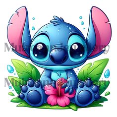 a cute little blue elephant sitting in the grass with flowers and leaves on it's feet