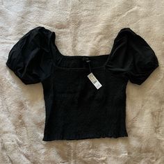 Nwt Jcrew Smocked Top, Size Medium Black Smocked Back Stretch Top, Black Short Sleeve Smocked Top For Spring, Black Long Sleeve Smocked Top Trendy, Black Short Sleeve Top With Smocked Bodice, Fitted Black Smocked Top With Short Sleeves, Black Fitted Short Sleeve Smocked Top, Fitted Black Top With Smocked Back, Black Fitted Top With Smocked Bodice, Casual Black Ruched Top