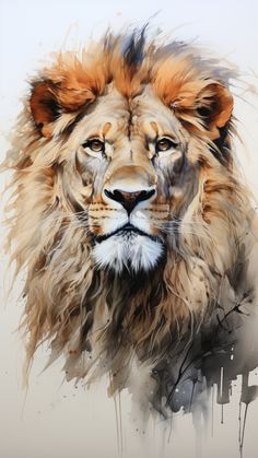 a painting of a lion's head with watercolors on the face and chest