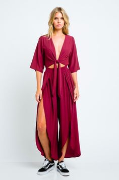 Burgundy Kimono - Front-Tie Jumpsuit - Tulip Pants Jumpsuit| Bohopink Fashionable Jumpsuits, Tulip Pants, Burgundy Jumpsuit, Burgundy Outfit, Pants Jumpsuit, Boho Jumpsuit, Bohemian Style Clothing, Boho Pink, Bohemian Vibes