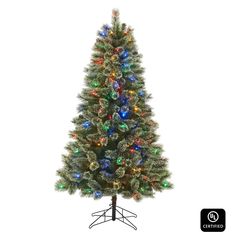 a white christmas tree with multicolored lights and a black stand on a white background