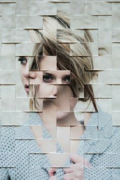 a woman with blonde hair and blue shirt standing in front of a collage of photos