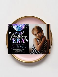 a birthday party card with a disco ball on the back and a photo in the middle