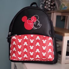 New With Tags Black Casual Backpack For Errands, Casual Black Backpack For Errands, Red Shoulder Bag Backpack For Travel, Red Bags For Back To School, School Backpack With Removable Pouch In Red, Multicolor School Bag With Mickey Mouse Design, Cute Black Mickey Mouse Backpack, Multicolor Mickey Mouse Backpack, Minnie Mouse Multicolor Backpack