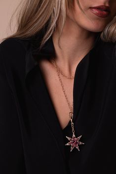 Selim Mouzannar pink tourmaline diamond star pendant necklace in rose gold. 18K Rose Gold (4.63gr) Tourmaline 9.06ctw, Diamonds 35.50" L Pink Star Charm Pendant Jewelry, Fine Jewelry In Rose Gold With Star Charm, Fine Jewelry Rose Gold With Star Charm, Rose Gold Pendant Necklace With Star Charm, Fine Jewelry Rose Gold Star Charm, Rose Gold Star Charm Pendant Necklace, Elegant Pink Star-shaped Jewelry, Star Pendant Necklace, Discount Jewelry