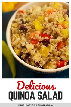 quinoa salad in a white bowl with the words delicious quinoa salad