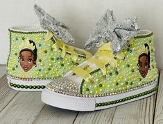 Princess Tiana Custom Converse, Big Kids Shoe Size 3-6 Information about the shoes All sneakers are Converse brand and have a mix of hand applied high quality glass crystals and resin flat-backs. Please select your color choice by the available drop down options, an option of all glass crystals no color is also available. Converse sizing is unique and sneaker specific. Converse Kids Chuck Taylor All Star Sneakers are expected to run a half-size large. Custom Orders are also available and always Tiana Costume, Ladybug Tutu, Twin Birthday Parties, Bling Converse, 1st Birthday Tutu, Handmade Tutu, All Star Sneakers, Rhinestone Projects, Custom Converse