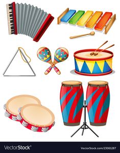 a set of musical instruments and drums on a white background eps10897