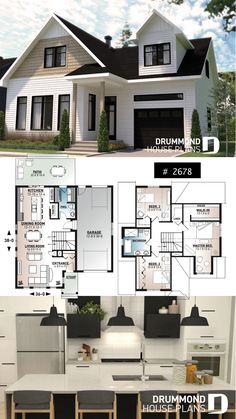 two story house plans with three car garages in the front and one bedroom on the back