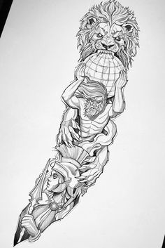 a pencil drawing of a lion holding a man's head with another person on it