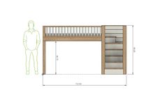 the plans for a loft bed with stairs and storage space are shown in this drawing