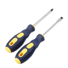 two blue and yellow handled tools on a white background