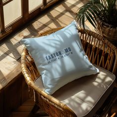 a cushion sitting on top of a wicker chair next to a potted plant