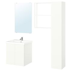 a white bathroom vanity with mirror and sink next to wall mounted medicine cabinet in front of it