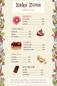 the bakery menu is designed to look like it has different types of desserts on it